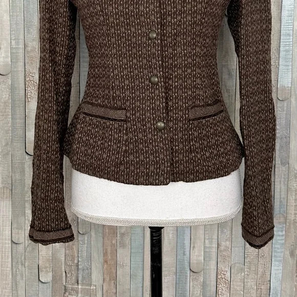 Tahari XS Brown Tweed Wool Velvet Collar Snap Blazer Jacket Vintage Victorian - Picture 4 of 8